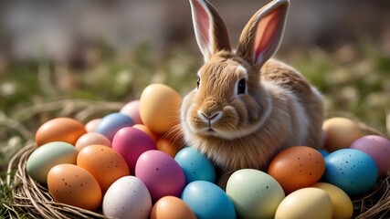 Easter bunny with colorful eggs basket