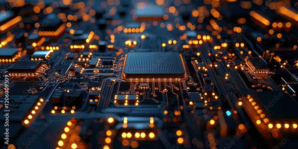 Poster a densely populated circuit board showcasing glowing LEDs and intricate details, perfect for futuristic technology designs.