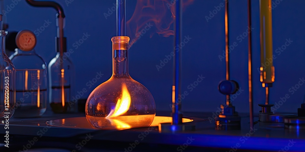 Poster a Bunsen burner flame heating a round-bottom flask, with the orange glow illuminating the entire setup.
