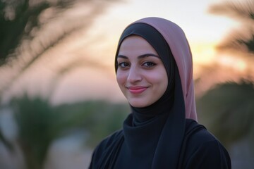 Sunset glow enhances the serenity of a young woman celebrating Ramadan in a picturesque landscape