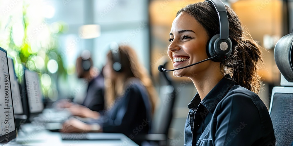 Poster customer service agents engage in client interactions, offering personalized assistance and solution