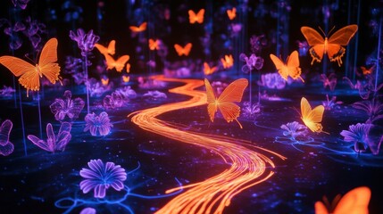 A vibrant glowing butterfly garden.