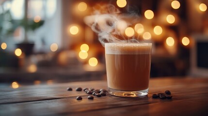 Steaming coffee in cozy cafe.