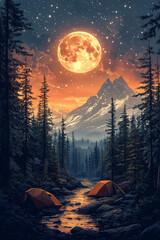 Majestic Mountain Landscape With Two Campsites Underneath A Giant Moon