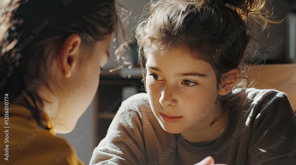 Poster Teacher assisting a student with a task, close-up on focused interaction, warm classroom setting highlights the supportive nature of education