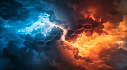 Dramatic Clash of Blue and Orange Storm Clouds in the Sky