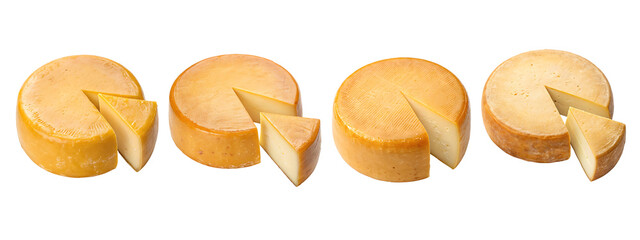 Whole round hard cheese set isolated top view with transparent background