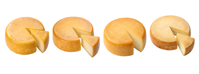 Whole round hard cheese set isolated top view with transparent background