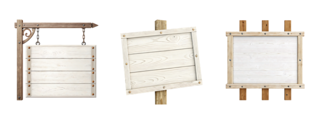 White wood sign board set isolated with transparent background