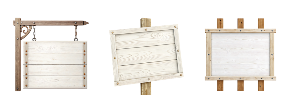 White wood sign board set isolated with transparent background