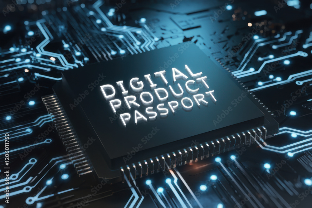 Fototapete digital product passport glowing text on a futuristic circuit board background