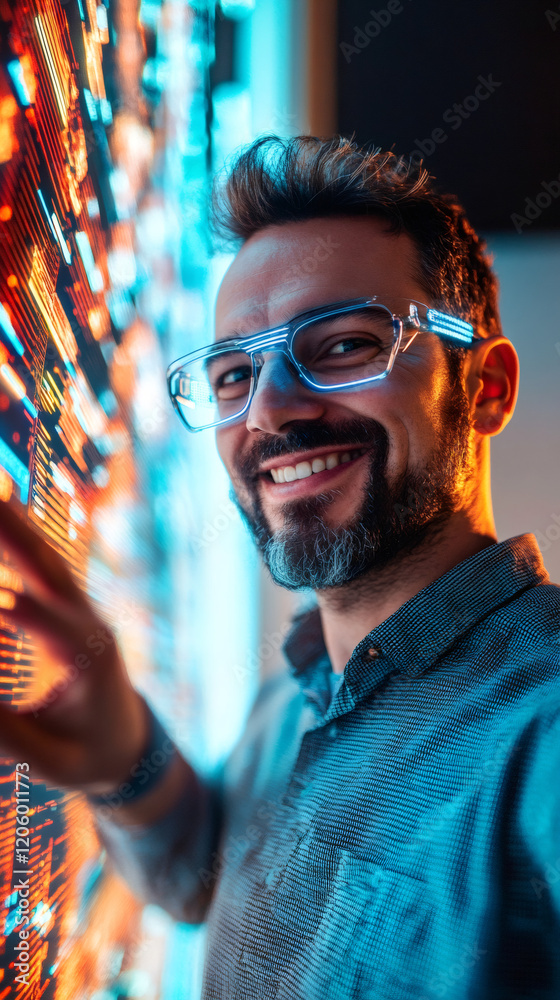 Poster Portrait of a smiling software engineer interacting with a futuristic glowing big data interface, representing innovation and technological advancement