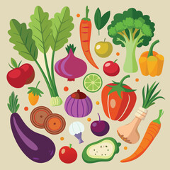 Set of Various Fresh Vegetables in Cartoon Style: Carrot, Eggplant, Paprika, Mushroom, and More – Vector Illustration