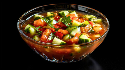 A vibrant gazpacho served in a clear glass bowl, with diced cucumbers, tomatoes, and peppers as garnish