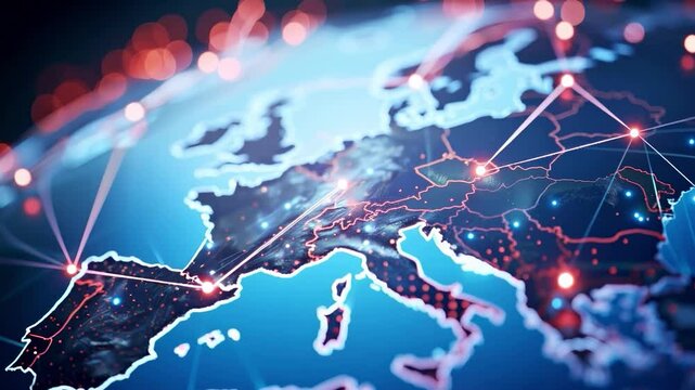 Europe network map on digital blue globe, finance telecommunication connectivity, business trading - Powered by Adobe