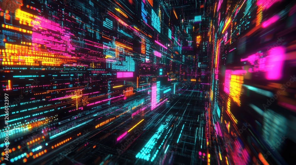 Poster Detailed image of a coding setup with a dark theme, vibrant lines of code rapidly scrolling on a display.