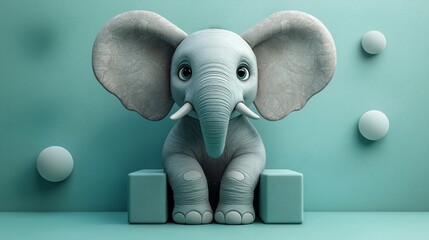Adorable Baby Elephant in a Teal Room 3D Render
