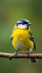 Fototapeta premium Beautiful Yellow Bird perched on a tree branch close up shot with natural light and vibrant background
