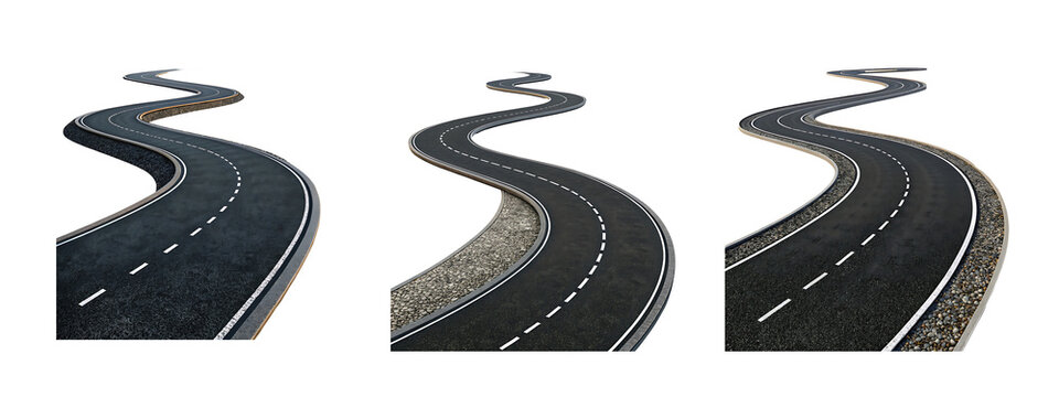 Winding asphalt road set isolated with transparent background