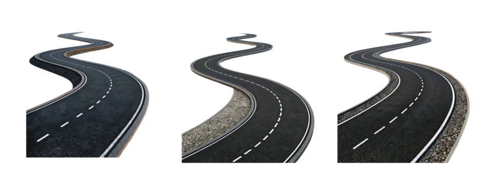 Winding asphalt road set isolated with transparent background