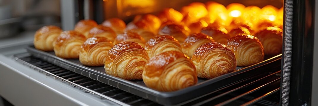 Bakery's oven door opening to reveal trays of perfectly risen golden brown croissants with the smell of butter filling the kitchen