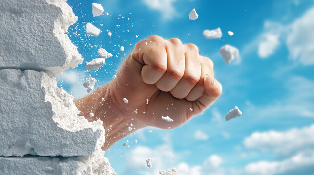Strong fist breaking through wall against blue sky