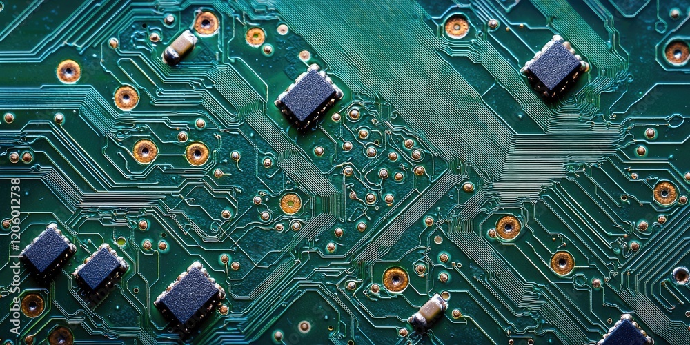 Poster Macro image of a green PCB highlighting visible solder joints and complex patterns, perfect for high-tech, electronic themes.