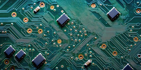 Macro image of a green PCB highlighting visible solder joints and complex patterns, perfect for high-tech, electronic themes.