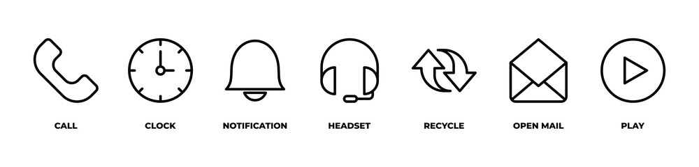 A Journey of Connection and Renewal  icons set vector illustration with  call, clock, notification, headset, recycle, open mail, play