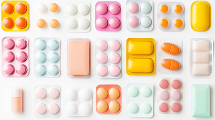 Set blister pills pattern on white background. different forms and size. Top view, isolated items. Concept of pharmaceuticals, medicine and healthcare