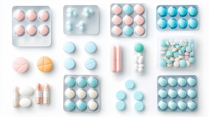 Set blister pills pattern on white background. different forms and size. Top view, isolated items. Concept of pharmaceuticals, medicine and healthcare