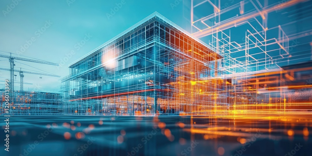 Poster a building with robotic construction, showcasing ai integration, sleek design, and a modern, high-te