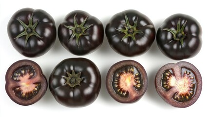 Fresh Organic Black Tomatoes on White Surface with Cross Sections