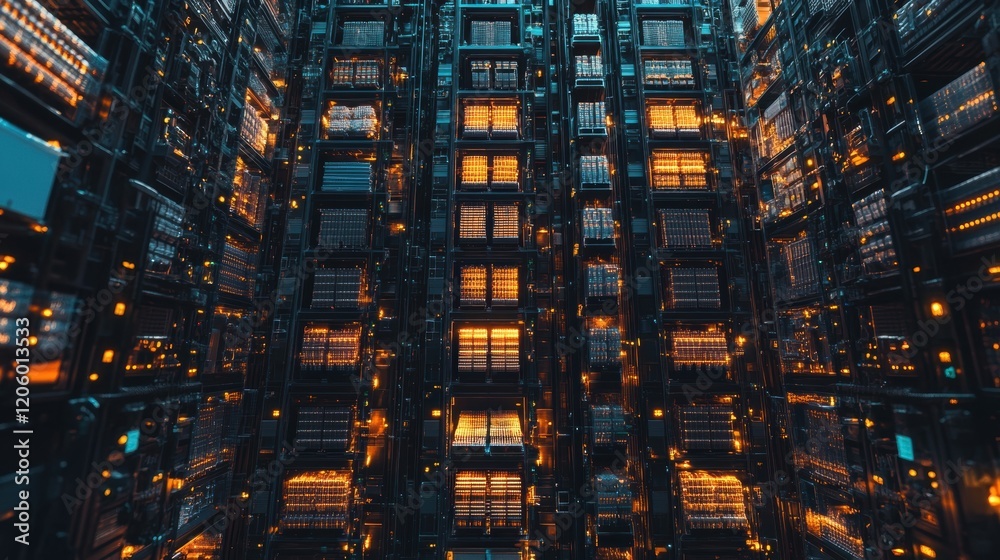Poster complex network of servers glowing in a modern data center, highlighting the power and complexity of