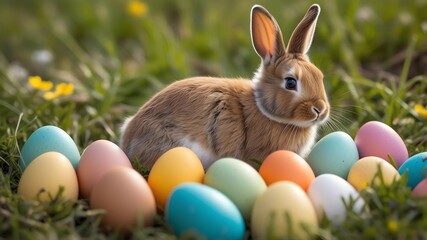 Easter bunny with colorful eggs basket