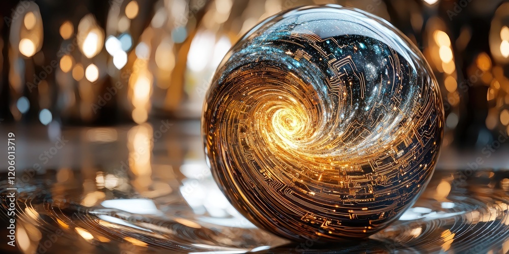 Poster Detailed view of a futuristic orb reflecting a galaxy, with intricate circuits running across its surface, blending tech with celestial wonder.