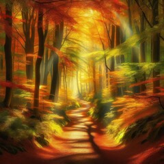 Naklejka premium Forest Path with Autumn Leaves