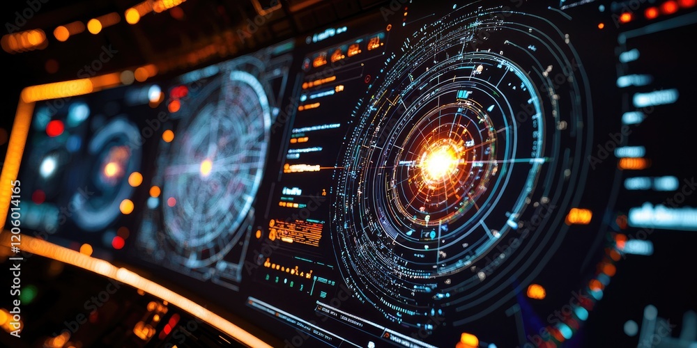 Poster Interactive space command interface, showcasing advanced celestial charts, digital readouts, and responsive control panels.