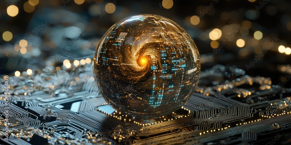 Poster Detailed view of a futuristic orb reflecting a galaxy, with intricate circuits running across its surface, blending tech with celestial wonder.
