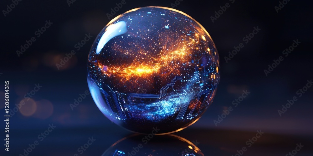 Poster Detailed view of a futuristic orb reflecting a galaxy, with intricate circuits running across its surface, blending tech with celestial wonder.