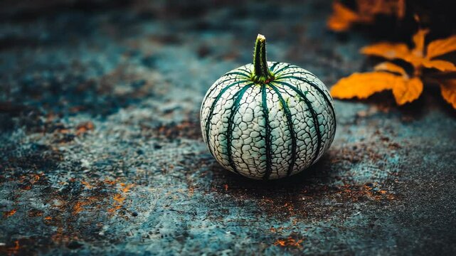 Unique decorative pumpkin resting on a rustic surface surrounded by autumn leaves under soft light