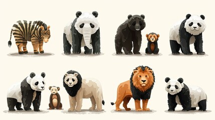Obraz premium A colorful illustration of various animals including tigers, pandas, bears, and lions.