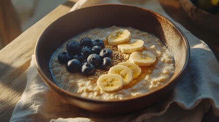 Warm oatmeal bowl topped with fresh banana slices and blueberries on a rustic wooden table in morning light