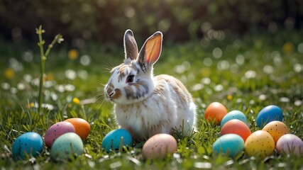 Easter bunny with colorful eggs basket