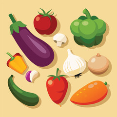 Realistic Raw Vegetables with Sliced Icons: Pepper, Eggplant, Garlic, Mushroom, and Courgette
