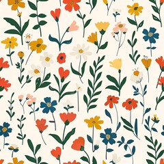 Vibrant Floral Seamless Pattern Design Pretty Summer Flowers Botanical Illustration Background Textile Print Vintage Aesthetic Nature Floral Design   