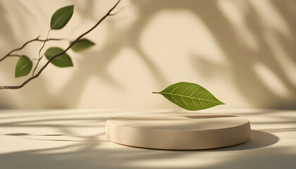 Minimal 3D render of a product podium with a beige background, tree branch shadows, and a green leaf AI Generated