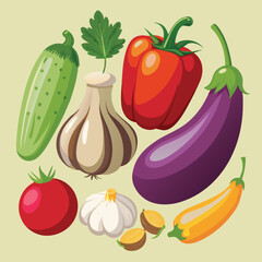 Realistic Raw Vegetables with Sliced Icons: Pepper, Eggplant, Garlic, Mushroom, and Courgette