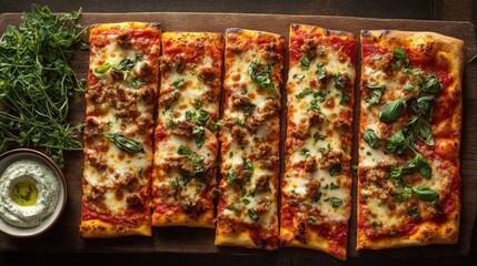 Gourmet pizza slices with toppings.