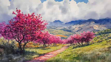 A lush valley filled with pink cherry blossoms under a bright sky.